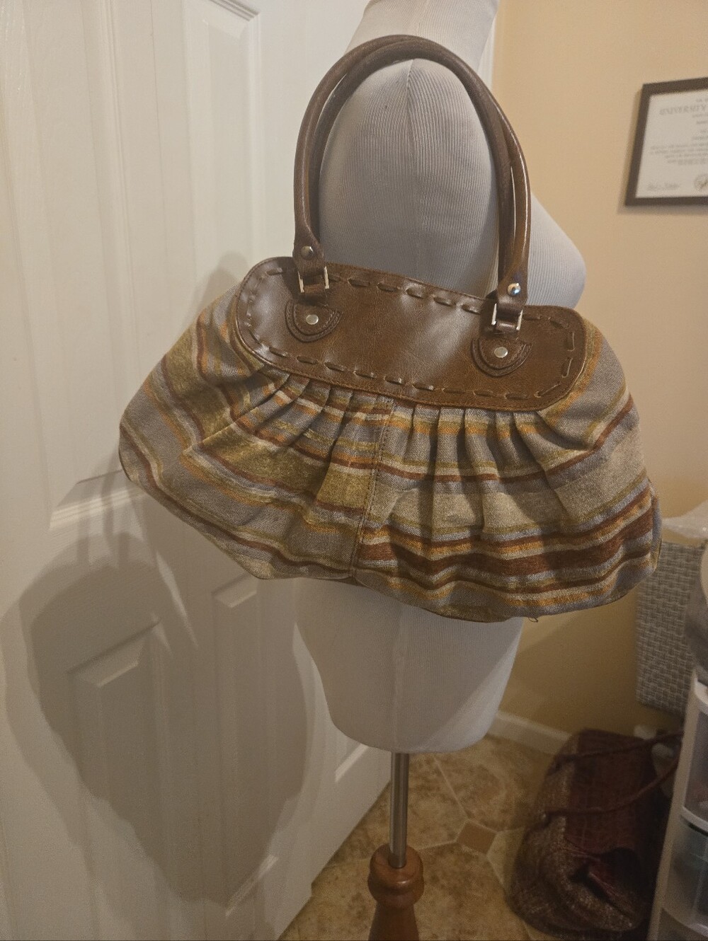 Woven Striped Tote Bag with Brown Leather Trim, Made In Italy